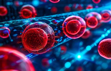 A detailed 3D visualization of flow cytometry technology, with cells passing through a laser beam and being sorted based on their properties, against a high-tech background